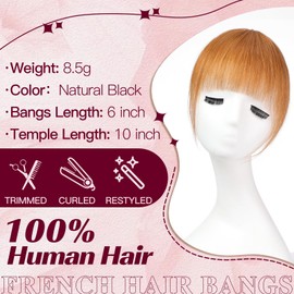HAIRCUBE Clip in Bangs, 100% Human Hair Bangs Extensions -12g French Bangs with Temples Clip on Fringe Real Human Hair Bangs for Women Girls 8.5g (Copper Red)