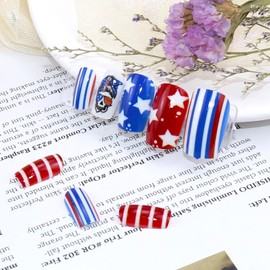 Square Press on Nails Medium 4th of July Glossy Fake Nails American Flag Star Coffin Full Cover Glue on Nails Independence Day False Nails with Patriotic Design Cute Stick on Nails for Women 24Pcs