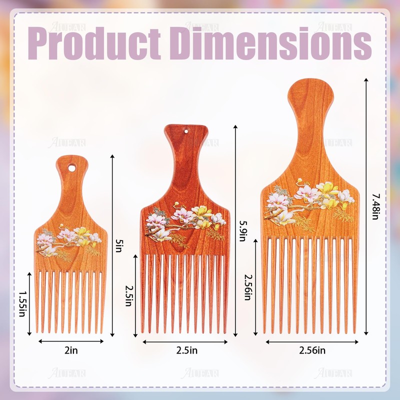 AUEAR, 3 Pack Hair Pick Wooden Comb, Wide Tooth Afro
