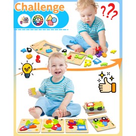 Wooden Puzzles Toddler Toys for 1 2 3 Years Old Boys Girls, 6 Vehicle Shape Learning Educational Blocks Birthday Gifts Sensory Toys Stocking Stuffers Montessori Toys Age 1-3, 2-4