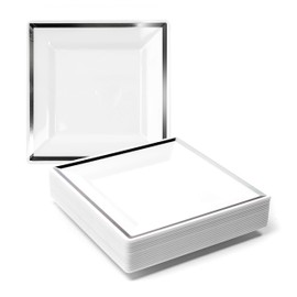 MATANA 40 Premium White Square Plastic Dessert Plates with Silver Rim, 16.5cm / 6.5 Inch - Reusable Small Side Plates, Starter Plates for Weddings, Birthdays, Picnic, BBQ, Parties