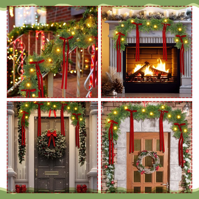 Suncalla 6 ft Christmas Garland with Red Bow, Artificial Lighted