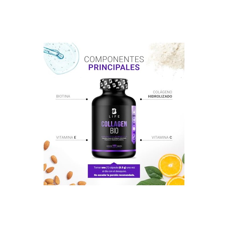 Biotina de 100 Cápsulas. Ingredientes naturales: Colágeno, Vitamina E y