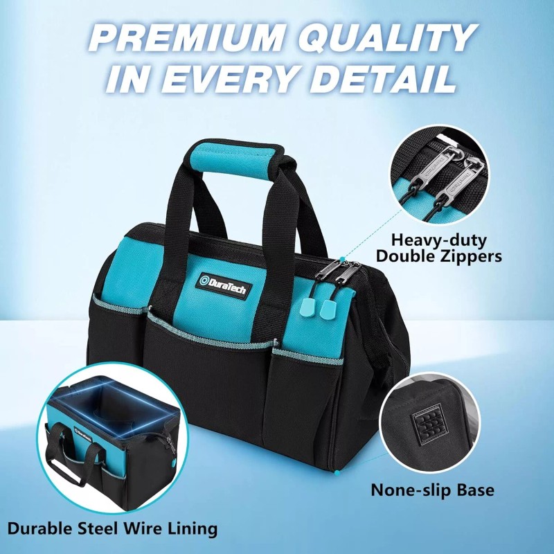 DURATECH 13-Inch Small Tool Bag with 9 Pockets Wide Open