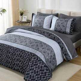 Black/Gray King Size Comforter Set,Boho Bed in a Bag King 7 Pieces Warm Striped Bedding Comforters Sets Fall Bed Set Complete Decor for Men All Season