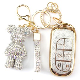 Rayslesan Cute Key Fob Cover with Rhinestone Bear Charm, Bling TPU Smart Key Case for Women, Compatible with Dodge Charger Challenger Durango，Jeep Wrangler Patriot Commander (5-Button, Gold White)