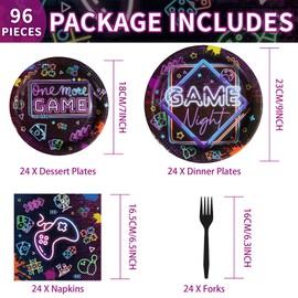 96Pcs Video Game Night Party Decorations Tableware 350GSM Glow Neon Plates and Napkins Set Game Night Decorations for Kids Game On Gamer Birthday Sleepover Slumber Prom Gaming Party Supplies Serves24