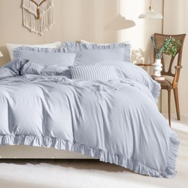 QSH 100% Washed Cotton Ruffle Duvet Cover King Size,3 Pieces Cornflower Blue Farmhouse Vintage Shabby Comforter Cover Linen Feel French Country Rustic Bedding Set Soft Breathable Quilt Cover Set