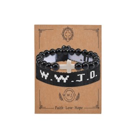 COLORFUL BLING 2Pcs Set Natural Healing Stone WWJD Cross Rope Woven Beaded Strand Adjustable Bracelet with Meaningful Card Inspirational for Women Jewelry What Would Jesus Do Woven Faith-Black