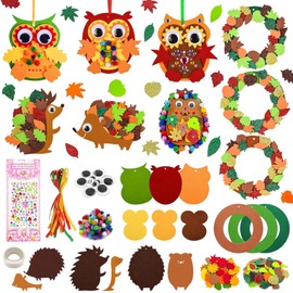 9 Pcs Autumn Craft Kits for Kids, Autumn Animals Craft Set, DIY Felt Fall Wreath Ornaments, Craft Kits for Kids with Wreath and Hedgehog, DIY Crafts Thanksgiving Fall Holiday Party Decorations