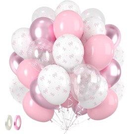 FDKYOEK 50 PCS Pink Bow Balloons, 12 Inch Coquette Balloons with 2 Rolls Ribbon, Bow Theme Birthday Party Decorations for Women Girls Bachelorette, Engagement, Wedding, Birthday Decor, Pink and White