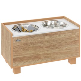 PawHut 14" H Elevated Dog Bowls, Raised Dog Bowl Stand Pet Feeding Station with Removable Slow Feeder Bowl, 2 Stainless Steel Food Water Bowls, Storage, for Small to Large Dogs - Oak