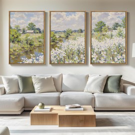 BINCUE Framed Wildflower Wall Art Rustic Floral Wall Decor Vintage Landscape Artwork for Living Room Bedroom Bathroom 16x24 Inches Set of 3