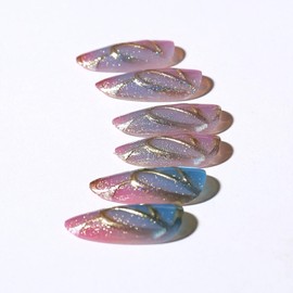 Colorful Medium Press on Nails Almond Fake Nails with Design 3D Gold Foil Curve Glue on False Nails Cat's Eye French Tip Full Cover Acrylic Nails Artificial Stick for Women 24 Pcs