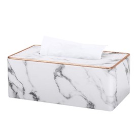 KINGFOM Rectangular PU Leather Tissue Box Holder, Facial Tissue Case Napkin Dispenser for Home Office Car Automotive Decoration with Gold Line(Gray Marble)