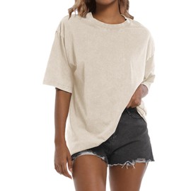 Tuislay Oversized Tshirt Shirts for Women Vintage Acid Wash T Shirt Cotton Casual Baggy Boyfriend Teens Basic Grunge Tees Top (Apricot,S,Small)