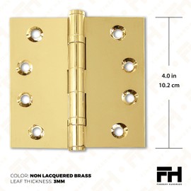Finsbury Hardware Solid Brass Door Hinge Heavy Duty Ball Bearing Polished Tarnish Aged Patina Gold 4x4 Inch with Decorative Tips - Set of 3 Hinges (Non Lacquered Brass)