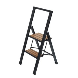 WENKO 2 Step Ladder, Aluminum Folding Step Stool with Wide Brown Anti Slip Steps, Heavy Duty Step Stool, Hold up to 330lbs, Lightweight Indoor Outdoor Ladder, 17.3 x 39.8 x 2.2 in, Black