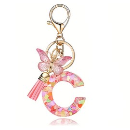 Shirene Key Fob, Initial Letter C Keyring Girls Pink Resin Butterfly Alphabet with Butterflies Gift Backpack Bag Charm Accessories for Women Girls Girlfriend