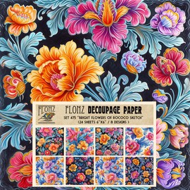 Decoupage Paper Pack (24 Sheets 6"x6") Bright Flowers of Rococo Sketch # Vintage Styled Pattern Paper for Decoupage, Craft and Scrapbooking