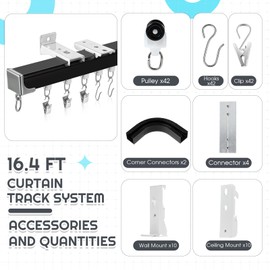 Juexica 3ft-16.4ft / 5 Meter Curtain Track Set with 90° Corner Bend Adjustable Aluminum Ceiling & Wall Mount Curtain Rail, L-shaped Divider Track for Living Room Bedroom with Roller Clips Hooks(Black)