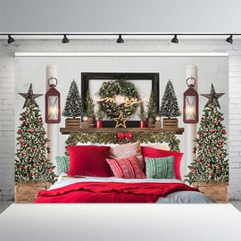 MEHOFOND 10x7ft Red Christmas Headboard Bed Backdrop Kids Portrait Photography Winter Holiday Family Picture Photoshoot Merry Xmas Tree Photo Background Party Decor Banner