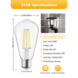 Brightown LED Edison Light Bulbs,6Pcs Vintage 6 Watt， Equivalent 60W Light Bulbs, E26 Base Non-Dimmable Decorative Antique Filament Light Bulbs with 80+ CRI,White 5000K