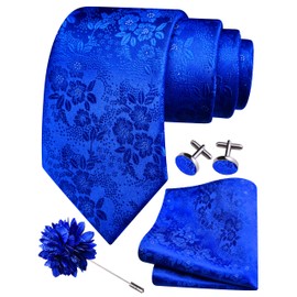 Gusleson Mens Royal Blue Tie Silk Floral Wedding Necktie Pocket Square Cufflinks and Lapel Pin Brooch Set (UK6107-04)