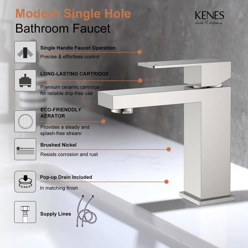 KENES Single Handle Bathroom Sink Faucet, Brushed Nickel Vanity Faucet