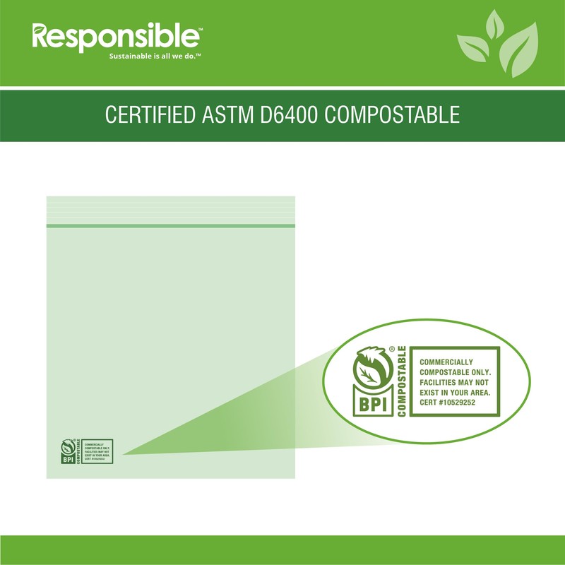 Responsible Products Certified Compostable SANDWICH Resealable Zip Bag, Extra Strength