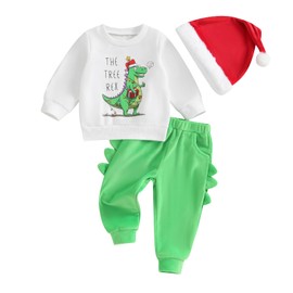 Kid Baby 3Pcs Christmas Outfits Boys Girls Clothes Set Dinosaur&Letters Print Long Sleeve Sweatshirts+Green Sweatpants+Santa Hat (Green, 6-12 Months)