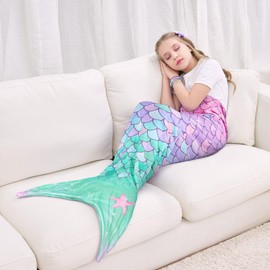 WERNNSAI Mermaid Tail Blanket - Soft Mermaid Blanket for Children Girls 140 x 60 cm Soft Flannel Mermaid Portable Blanket for Teenagers Birthday Gift (Pink & Green), Pink & Green