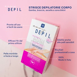 Easy Depil KIT DI 40 STRISCE DEPILATORIE CORPO (Gambe, Parti Intime, Braccia, Ascelle). Rapide, efficaci, facili da usare. Azione profonda, Pelle liscia a lungo. Con proteine vegetali addolcenti.