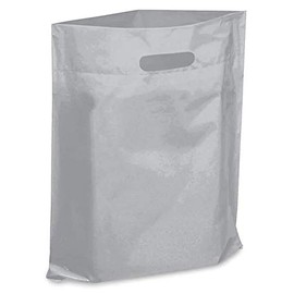 NEW - Extra Thick 1.5mil - 50 Glossy Merchandise Bags, Retail Shopping Bags, 12" X 15" with Die Cut Reinforced 3" Fold Over Handle, No Gusset (Silver)