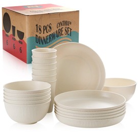 CYNTHIA Dinnerware Sets for 6 Plastic Plates and Bowls Sets Wheat Straw 18 Pcs Kitchen Dishes Set Salad Plates Cereal Bowls Cups Microwave Unbreakable Tableware Set For Kids Party(Beige White)
