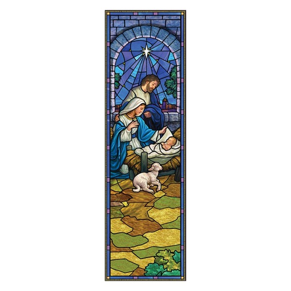 Christmas Stained Glass Design Hanging Polyester Nativity Christmas Banner with
