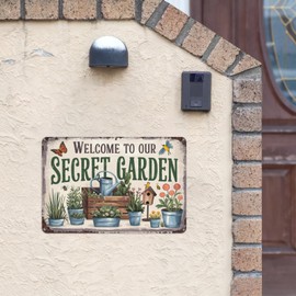 Welcome to Our Secret Garden Vintage Tin Sign, 8X12 Inch Retro Metal Wall Decor for Garden, Porch, or Boho Home Decor, Inspirational Wall Plaque with Rustic Aesthetic