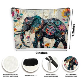 2 Pcs Bohemian Style Elephant Makeup Bag With Zipper, Ethnic Style Floral Elephant Print Lightweight Foldable Travel Cosmetic Bag And Women Toiletry Storage Bags for Women Friend Coworker Sister