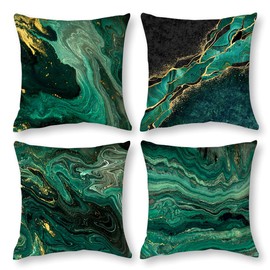 Teal Turquoise Marble Throw Pillow Covers Set of 4 Emerald Dark Green Gold Pillow Cases 18X18 Inch Abstract Modern Decorative Cushion Cover for Couch Sofa Bedroom Living Room Home Decor