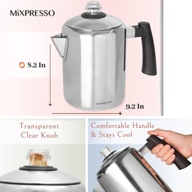 Mixpresso Stainless Steel Coffee Percolator Stovetop, 37oz Classic Percolator Coffee Pot, Great For Camping Pot, 5-8 Cup Stove Top Espresso Maker, Cool-Touch Handle