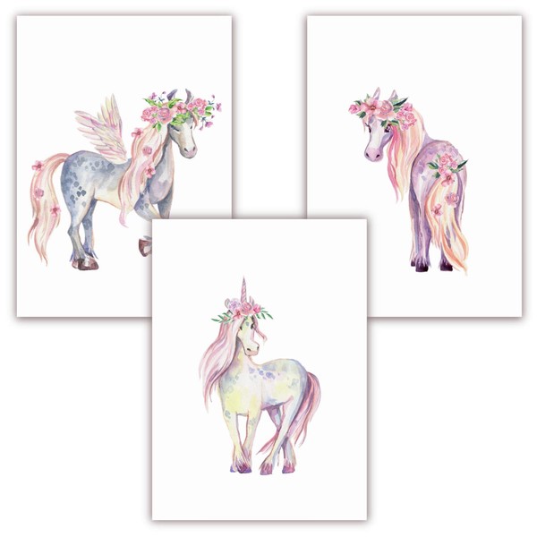 Pandawal Wall Decoration Children's Room Pictures Girls Beautiful Wall Decoration for Girls' Room Unicorn / Horses Set of 3 Poster Set (S10) in DIN A4 Format