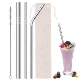 OzGrove Reusable Metal Straws Set, 304 Stainless Steel 1 Straight 1 Bent & Thick Boba Straw with Cleaning Brushes & Cloth-Container, Anti-Wrinkle Drinking Cup Accessories for Smoothie Bubbling Tea