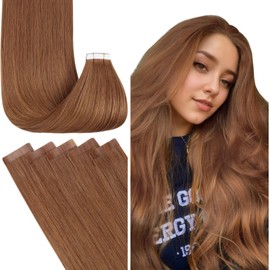 Fshine Tape in Hair Extensions Human Hair 14 inch Ginger Hair Extensions Tape in Straight Invisible Hair Extesions Glue in Copper Remy Hair Extensions 20 Pcs 50 g for Women