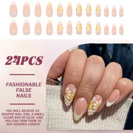 24-Piece Yellow Flower Press-On Nails Short Almond French Tip - With Nail Glue For Long-Lasting Wear - Reusable 3D Floral Nail Art Accessories - Elegant Salon-Style Manicure Design For Women
