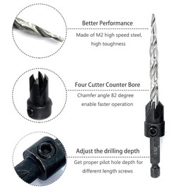 Saipor 5pcs Wood Tapered Countersink Drill Bit Set Hex Shank Screw Drill Counter Sink Bit 7/64", 9/64",11/64", 3/16", 7/32" Adjustable Drilling Tool Kit on Pilot Counter Sinker Hole for Woodworking