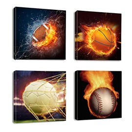 Canvas Art Sports Themed Soccer Football Baseball Basketball on Fire Rustic Canvas Framed for Baby Boys Room Nursery Wall Decor
