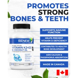 Renew Actives RENEW ACTIVES D3 K2 Supplement with Coconut Oil 1000 IU per Serving- Promotes Immune Function, Bone Health & Teeth, Enhances Calcium Absorption for Optimal Wellness - Made in Canada - 120 Softgels