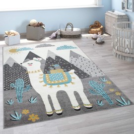 Paco Home Kid´s Rug for Nursery, Llama, Mountains, Children's Motif in Grey Blue Cream, Size: 3'11" x 5'3"