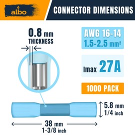 ALBO 1000PCS 16-14 AWG Heat Shrink Butt Connectors - Tinned Copper 0,8 mm - Marine Grade Insulated Crimp Wire Connectors - Waterproof Electrical Connectors - Butt Splice for Auto, Marine, Boat, Stereo