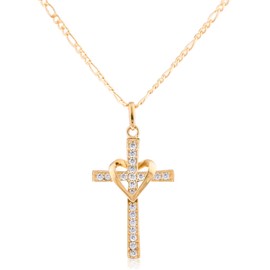 JOTW 10k Yellow Gold, Rose Gold and White Gold Heart & Cross Pendant with an 16, 18, 20 and 22 Inch Gold Overlay Figaro Necklace (18 Inch, Yellow Gold)